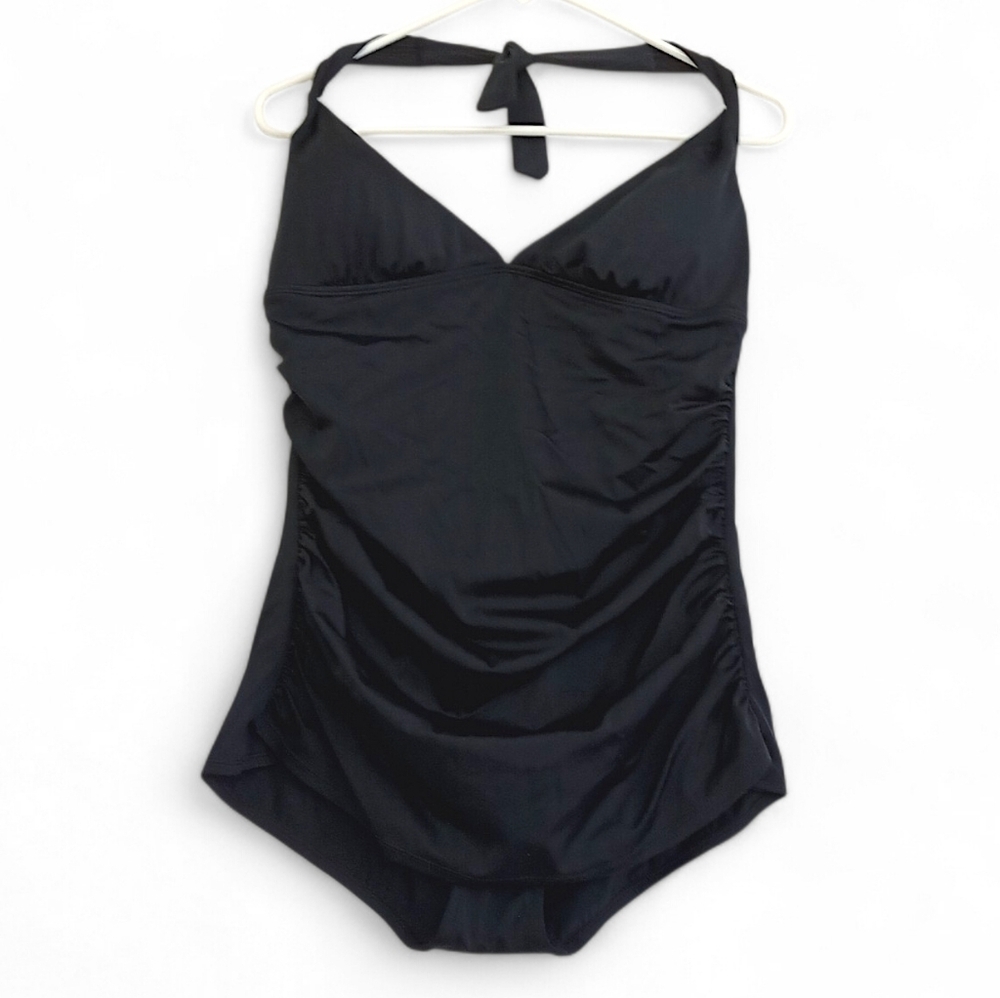 Speedo Black Ruched One Piece Swimsuit Halter Tummy Control Plus Large